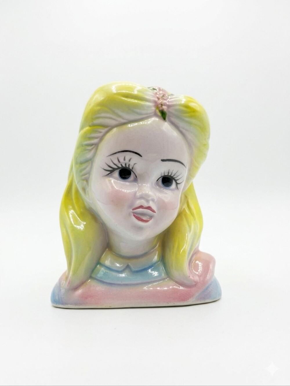 Vintage Japan Ceramic Blonde Girl Head Pitcher Creamer Blue Pink Kitsch Twee